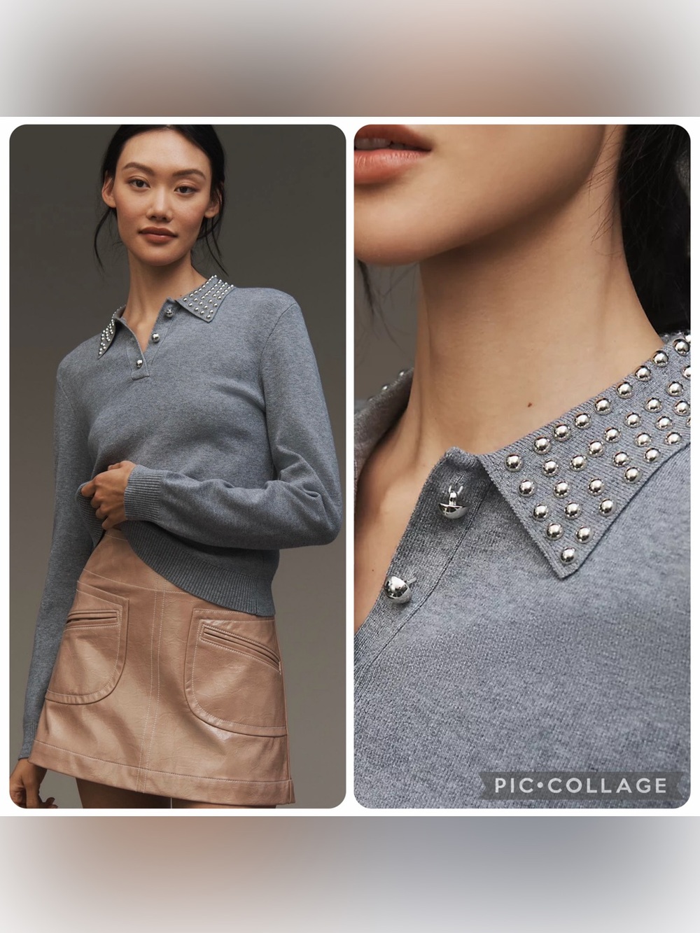 NWT new small Anthropologie studded collar polo sweater gray silver stud